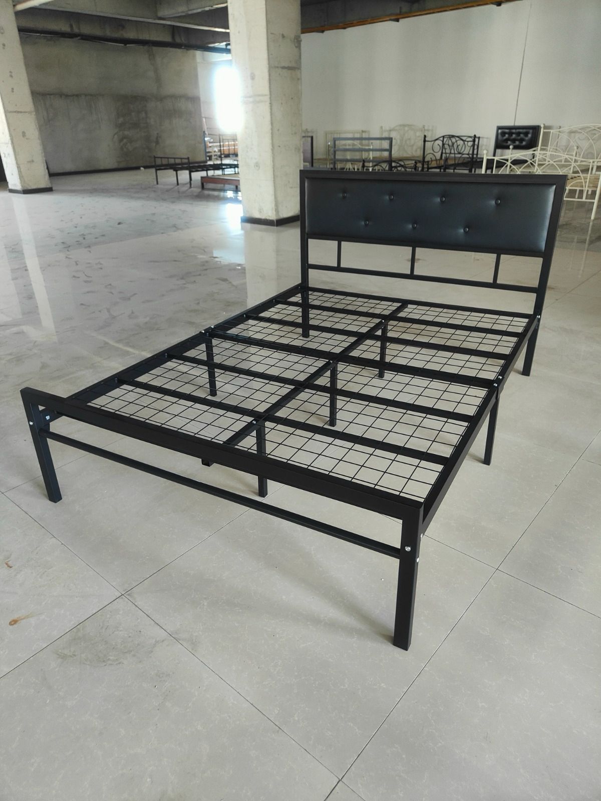 Black Reinforced Heavy Duty Metal Bed Frame With Paded Cushion HeadBoard