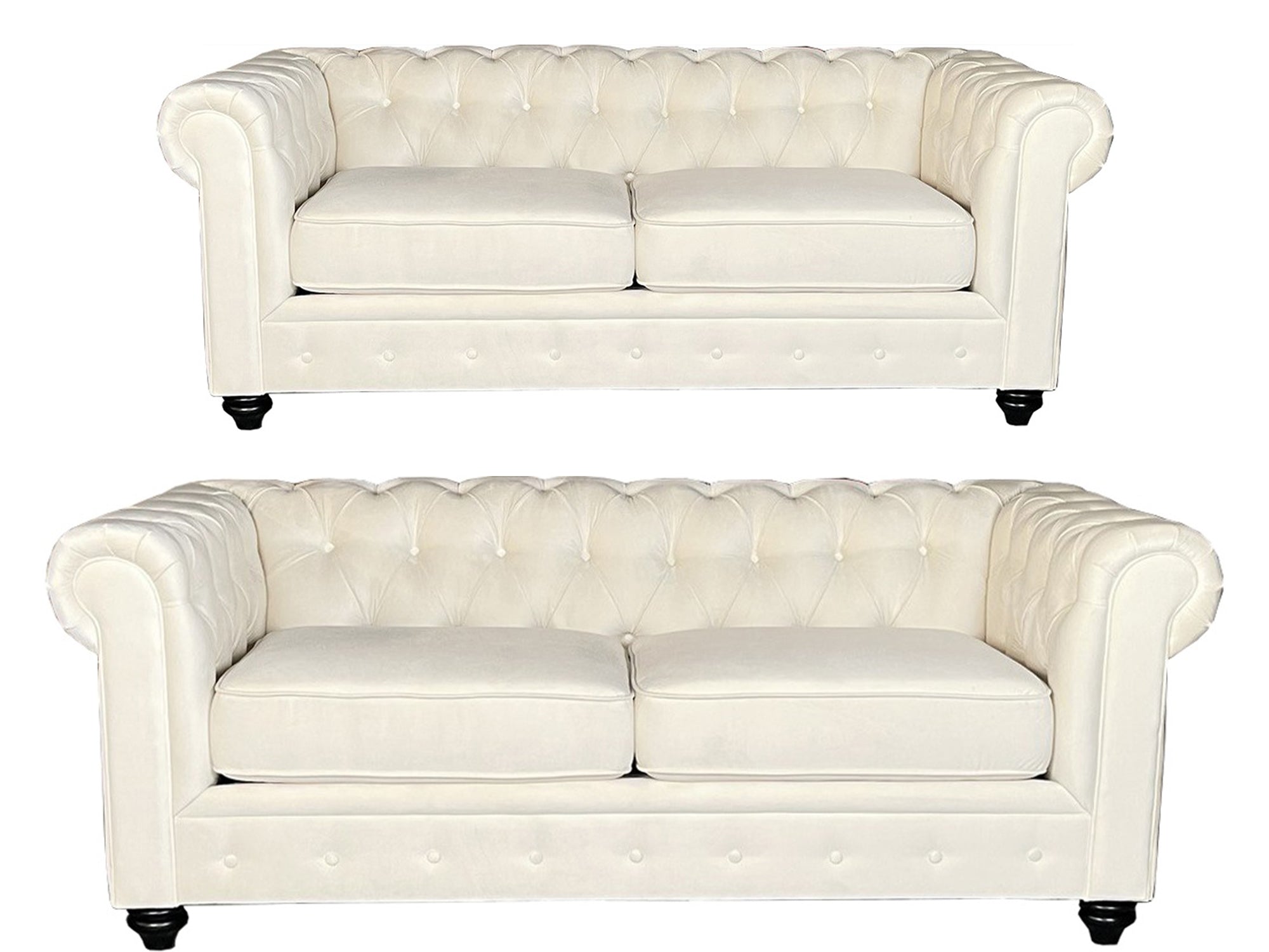 Two cream-colored sofas with tufted backrests on a white background