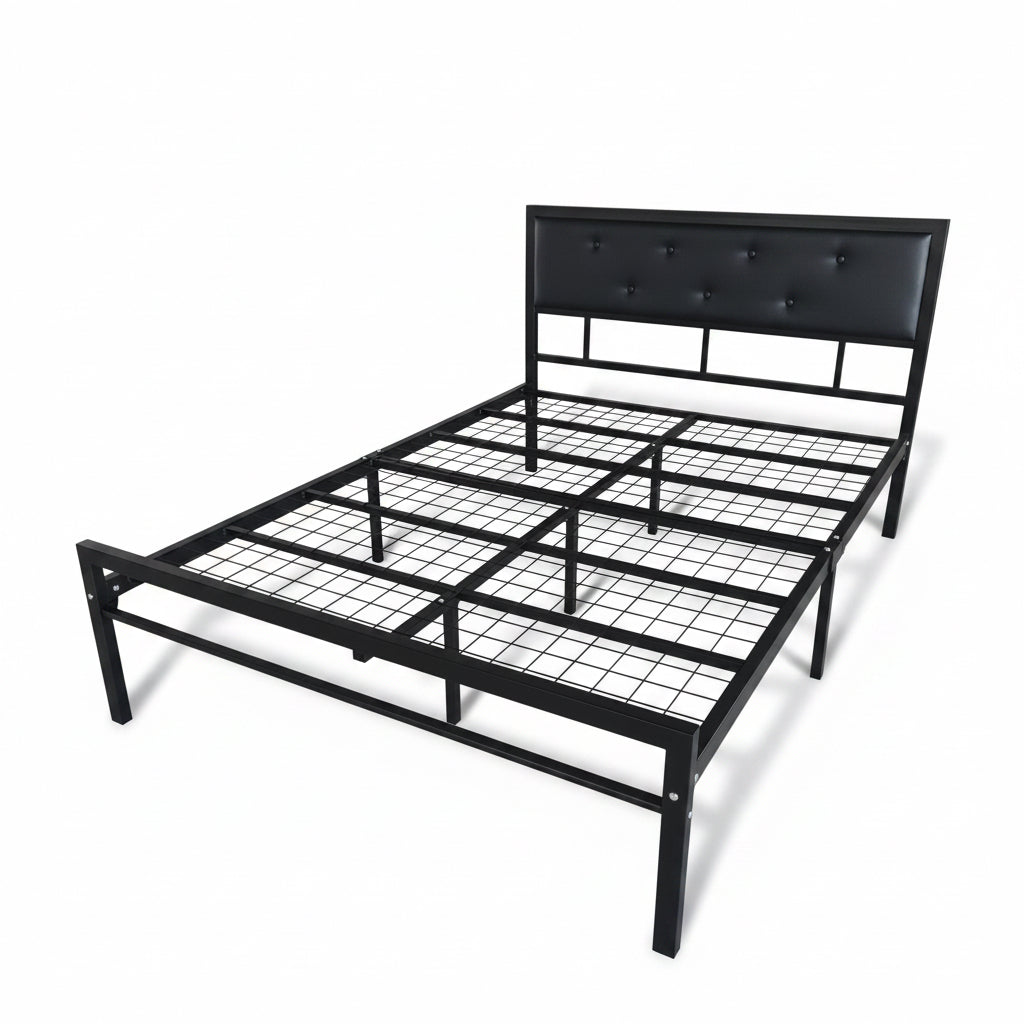 Black Reinforced Heavy Duty Metal Bed Frame With Paded Cushion HeadBoard