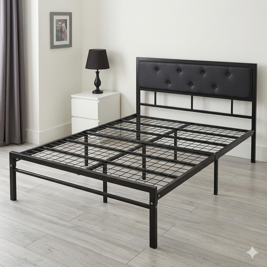Black Reinforced Heavy Duty Metal Bed Frame With Paded Cushion HeadBoard