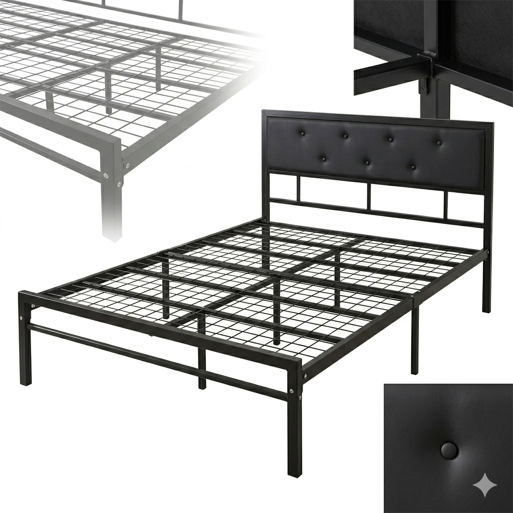Black Reinforced Heavy Duty Metal Bed Frame With Paded Cushion HeadBoard