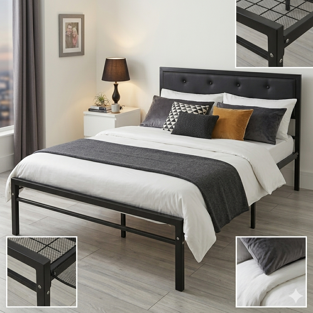 Black Reinforced Heavy Duty Metal Bed Frame With Paded Cushion HeadBoard