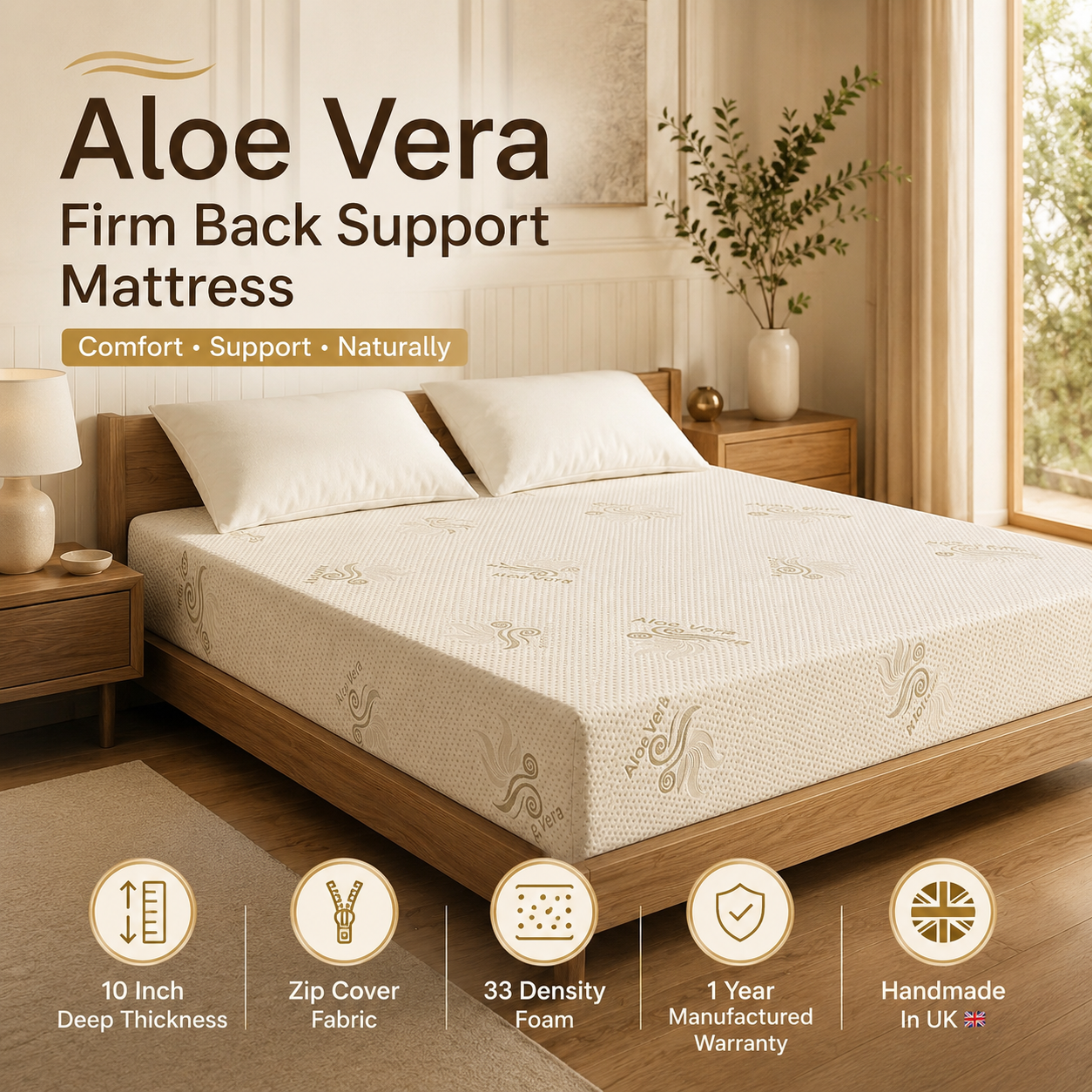 Hybrid Aloe Vera Firm Back Support Ortho Mattress – 10 Inch | 33 Density Foam | Handmade in UK