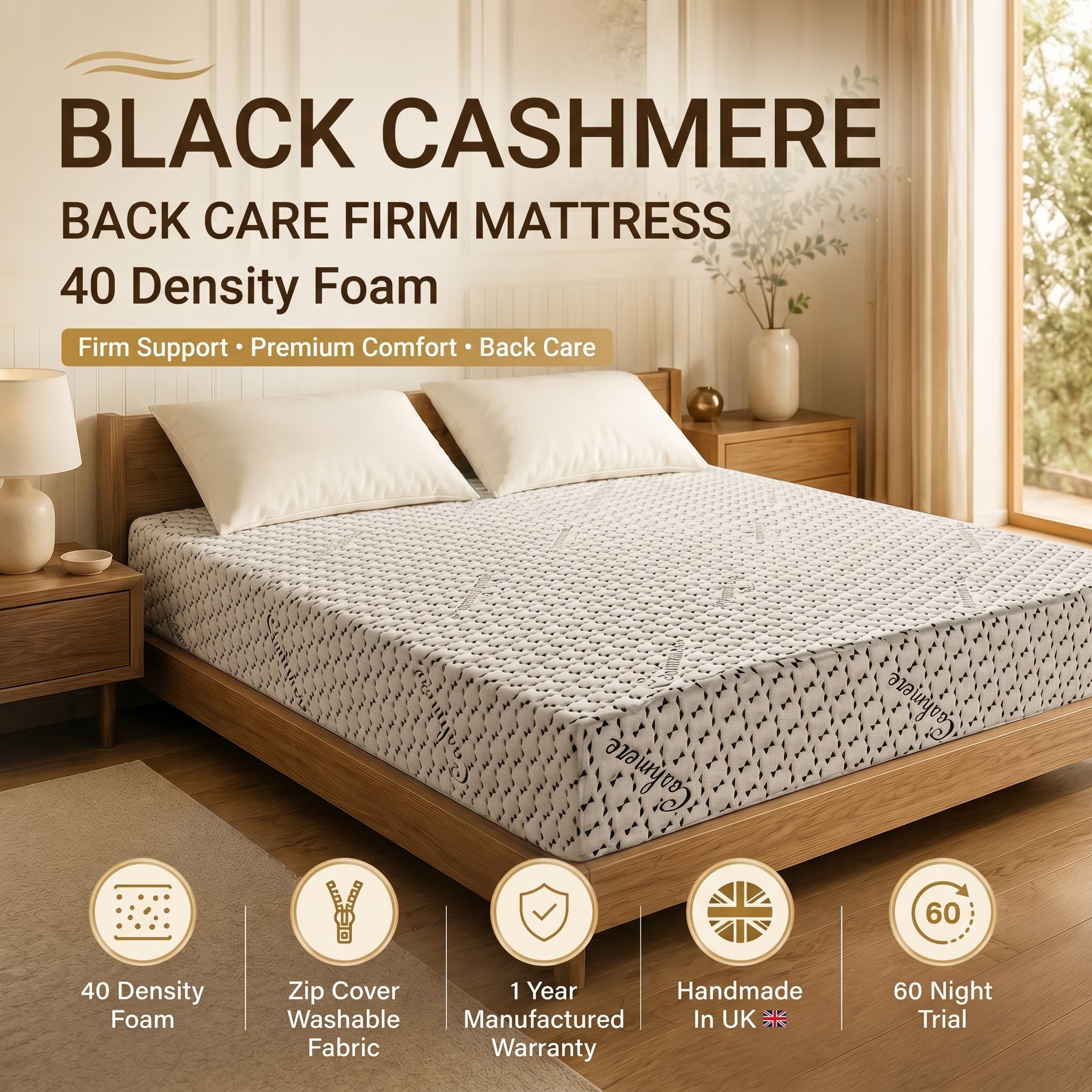 Black Cashmere Back Care Firm Mattress – 40 Density Foam | Zip Washable Cover | Handmade in UK