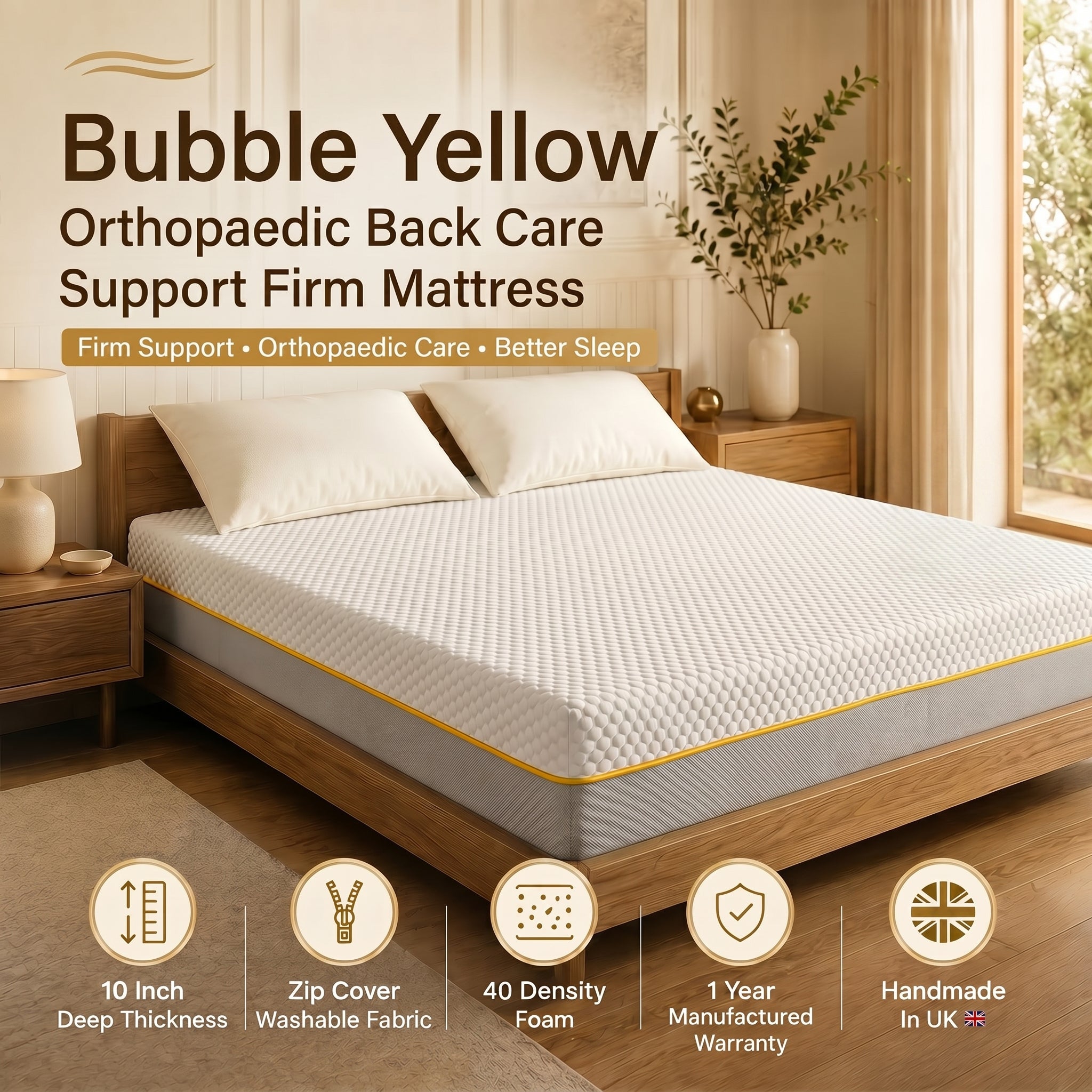 Premium Orthopaedic Back Care Mattress – 10” Deep Firm Support | Bubble Yellow