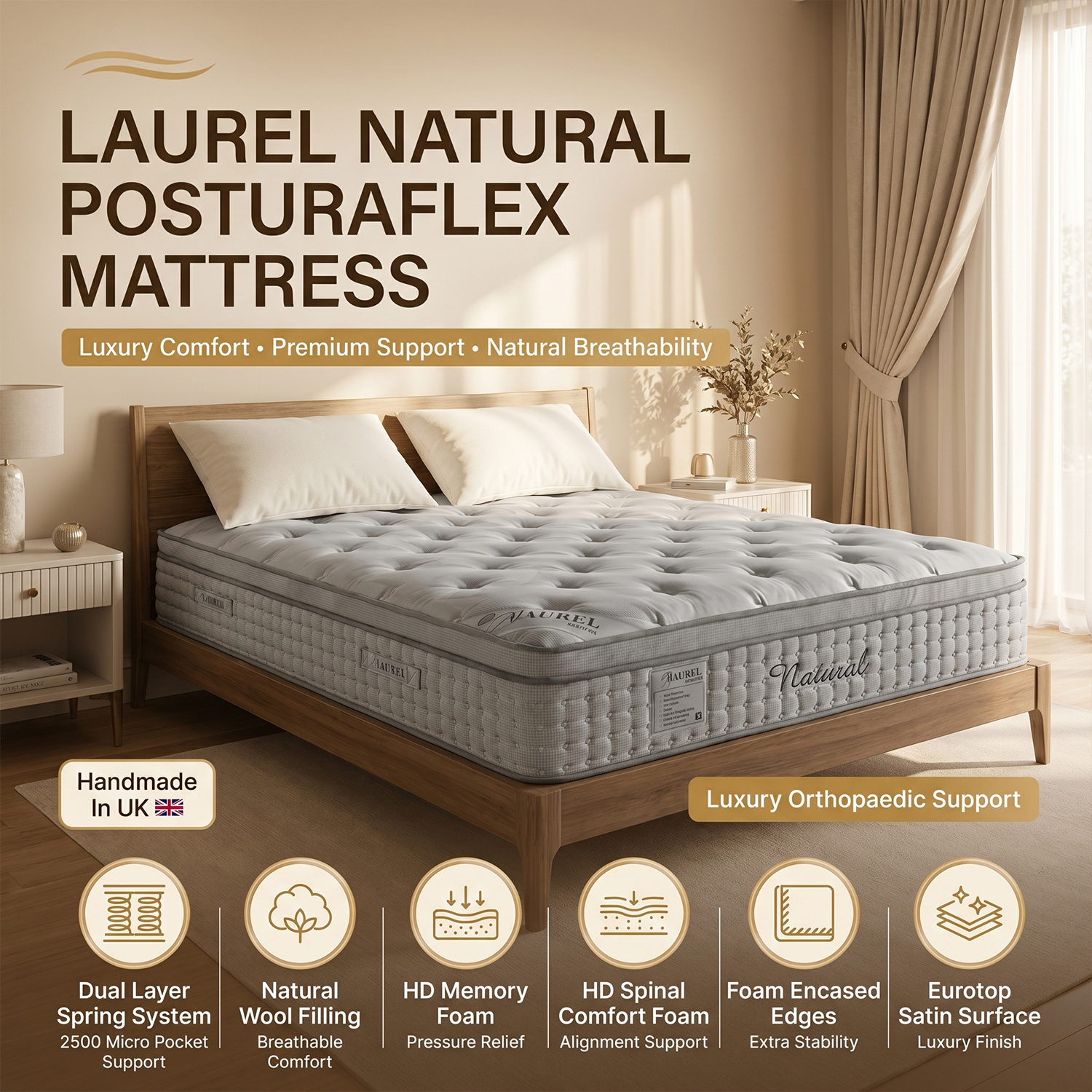Laurel Natural PosturaFlex Orthopaedic Mattress – 2500 Pocket Springs & Natural Wool Comfort
