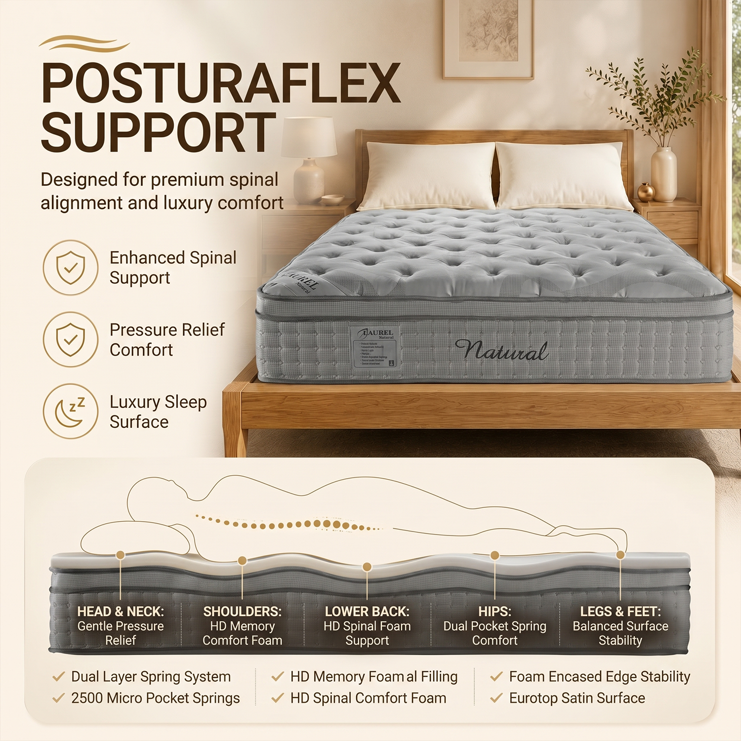 Laurel Natural PosturaFlex Orthopaedic Mattress – 2500 Pocket Springs & Natural Wool Comfort