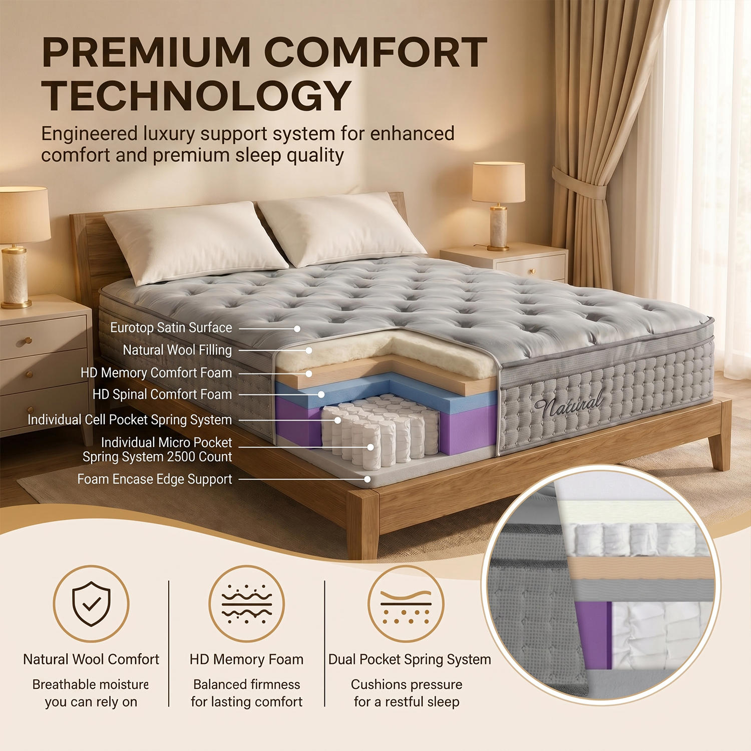 Laurel Natural PosturaFlex Orthopaedic Mattress – 2500 Pocket Springs & Natural Wool Comfort