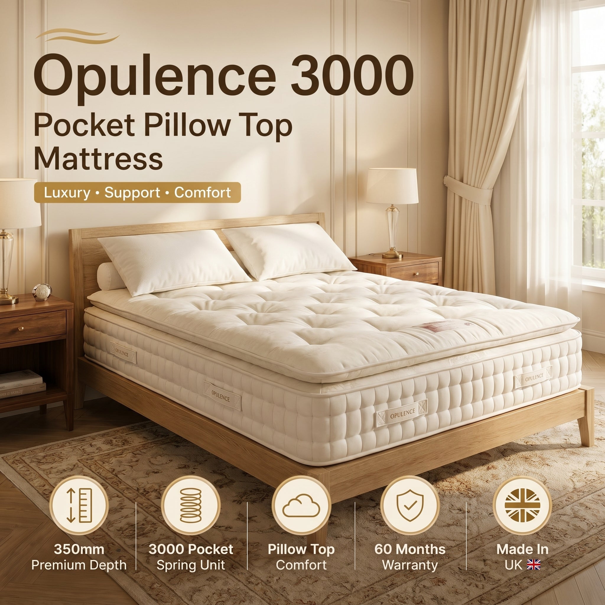 Opulence 3000 Luxury Pocket Pillow Top Mattress | Hotel-Grade Comfort | 60-Month Warranty