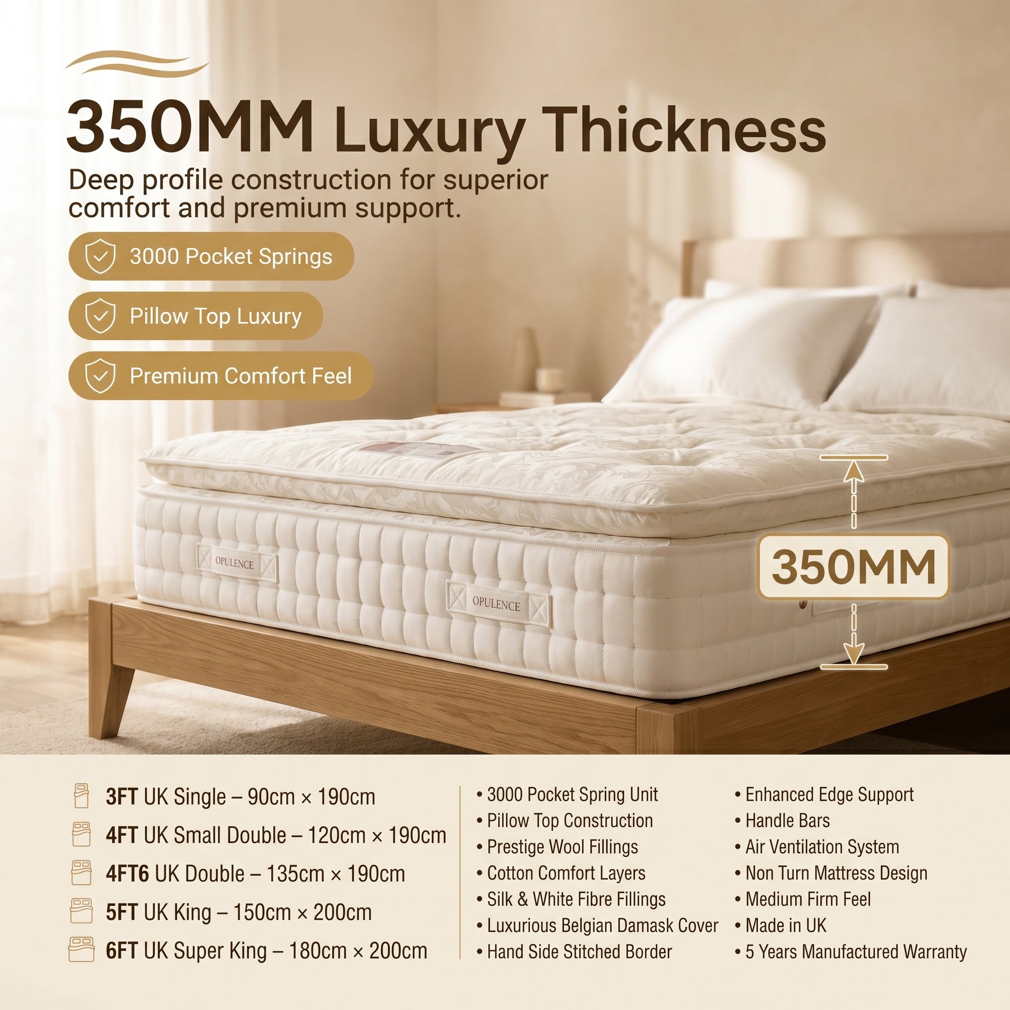 Opulence 3000 Luxury Pocket Pillow Top Mattress | Hotel-Grade Comfort | 60-Month Warranty