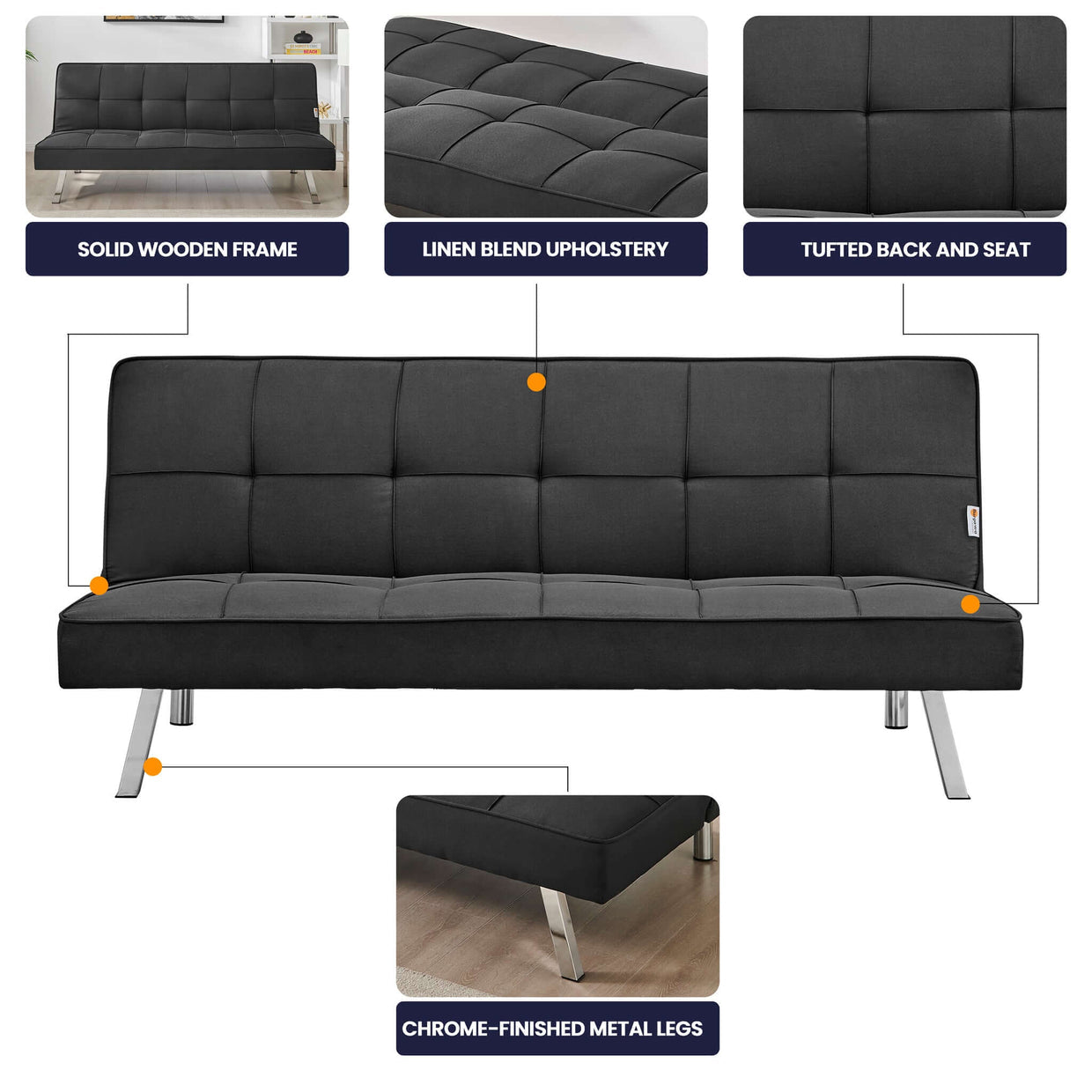 Black Sofa Bed 3 Seater Click Clack - Britney