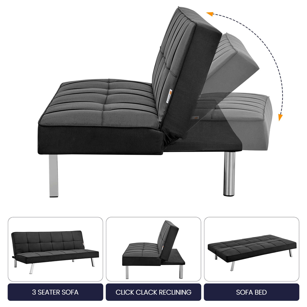 Black Sofa Bed 3 Seater Click Clack - Britney