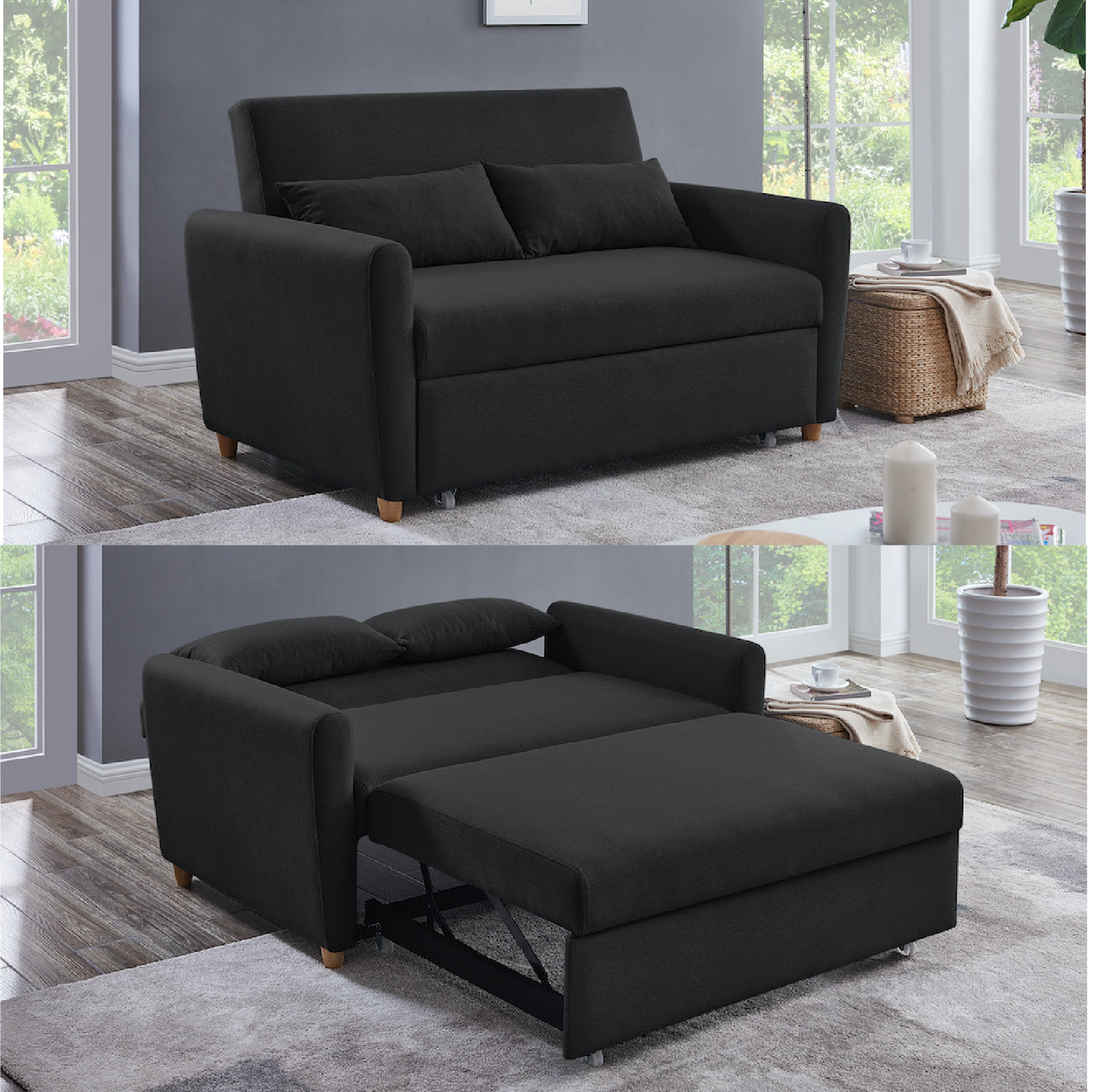 Dahlia Black 2-Seater Pull Out Sofa Bed - Convertible Sleeper Sofa