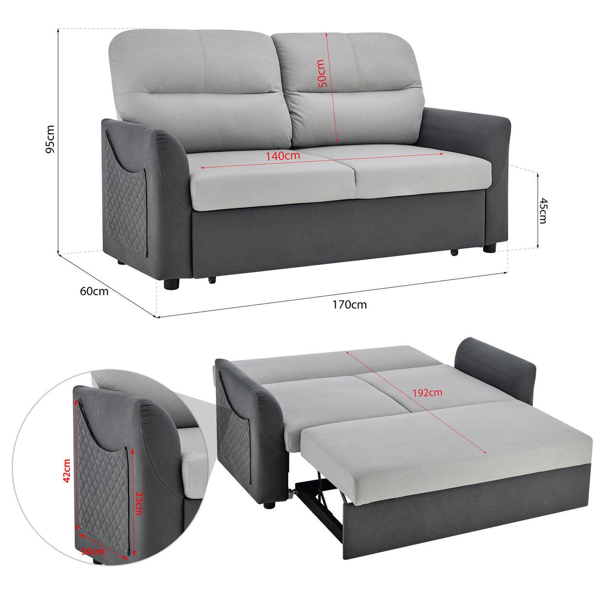 Grey Faux Suede Sofa Bed Pull Out Two Seater - Rhona
